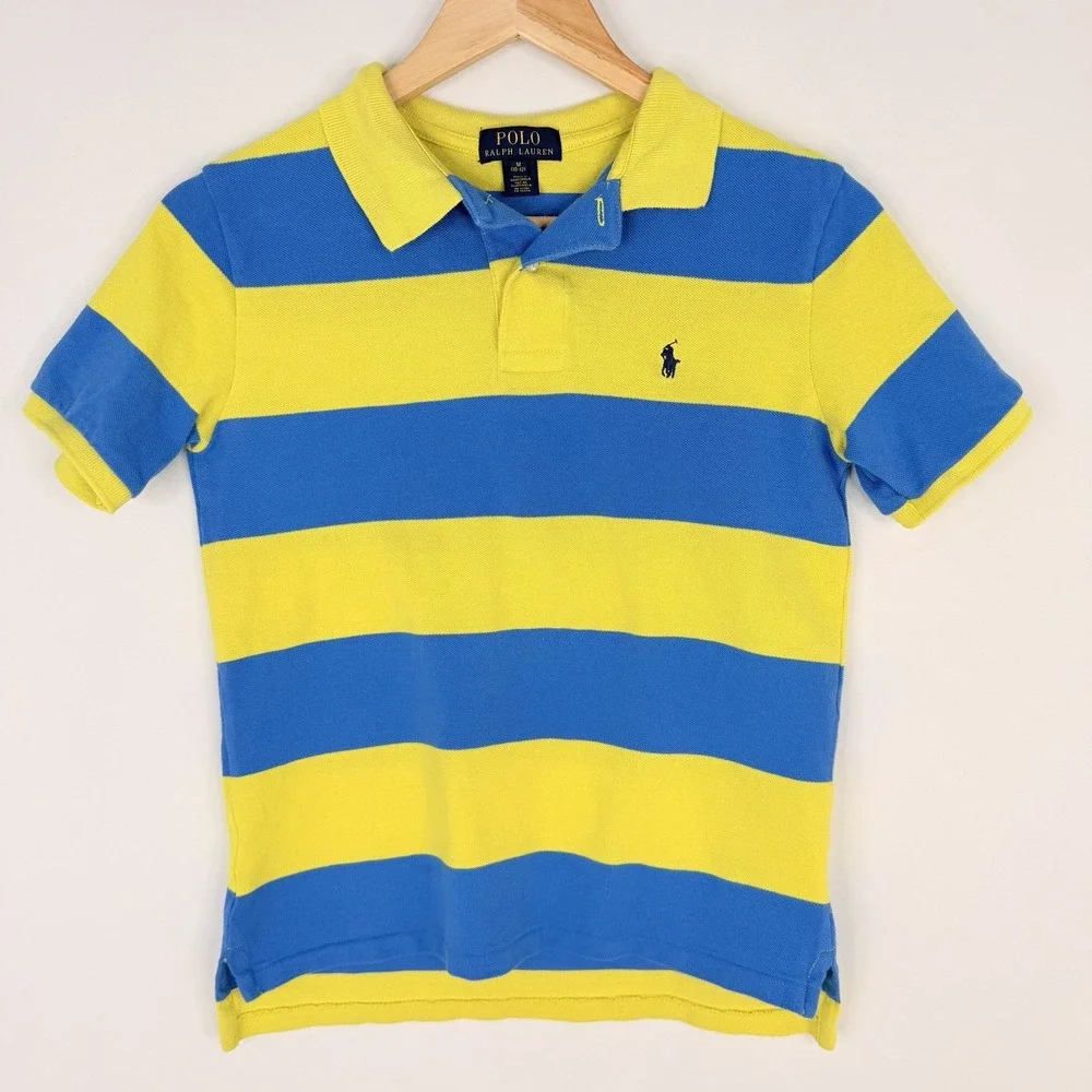 Ralph Lauren Youth Yellow Blue Striped Short Sleeve Rugby Polo Shirt SZ- M 10/12